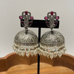 Ethnic Indian Wear Silver and Pink Jhumka Earrings